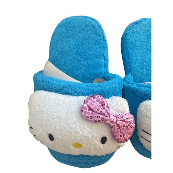 Hello Kitty Blue M-7/8 Slippers With Sequin Pink Bow Plush Comfort Indoor Footwe - Picture 2 of 4